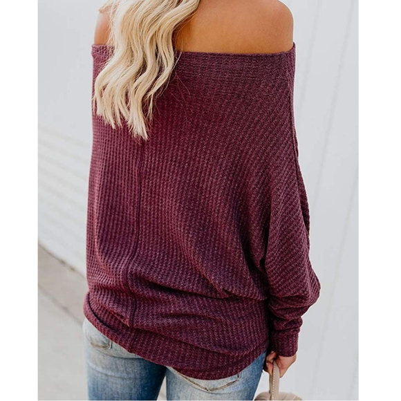 New Slouchy Off shoulder Waffle Knit Sweater Top - Picture 5 of 8